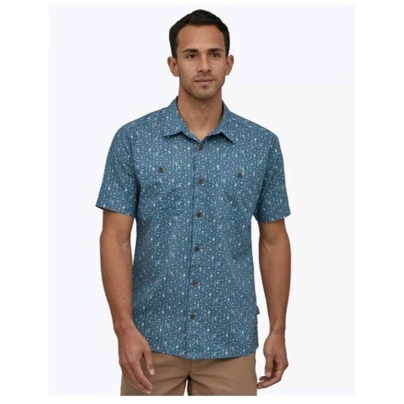 Patagonia Back Step Shirt Button Front Short Sleeve Hemp Cotton Blue Size 2XL - Picture 1 of 8